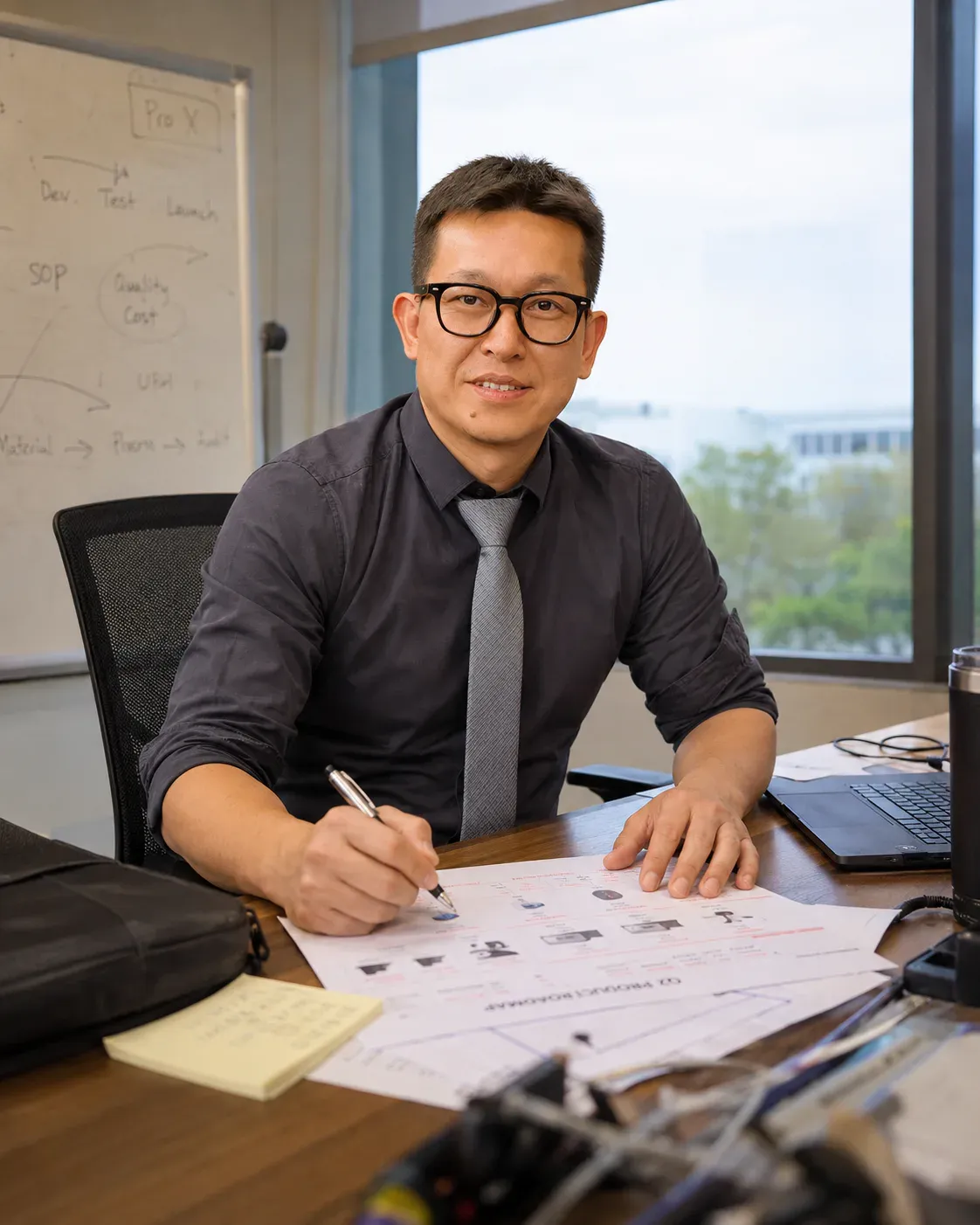 Peter Lin reviewing product and supplier-control materials in Shenzhen