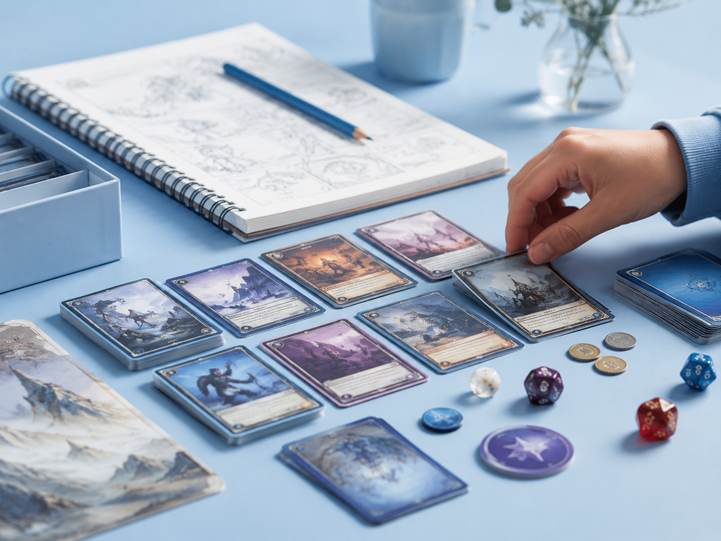 Card game creator workspace with cards, rulebook, dice and tokens