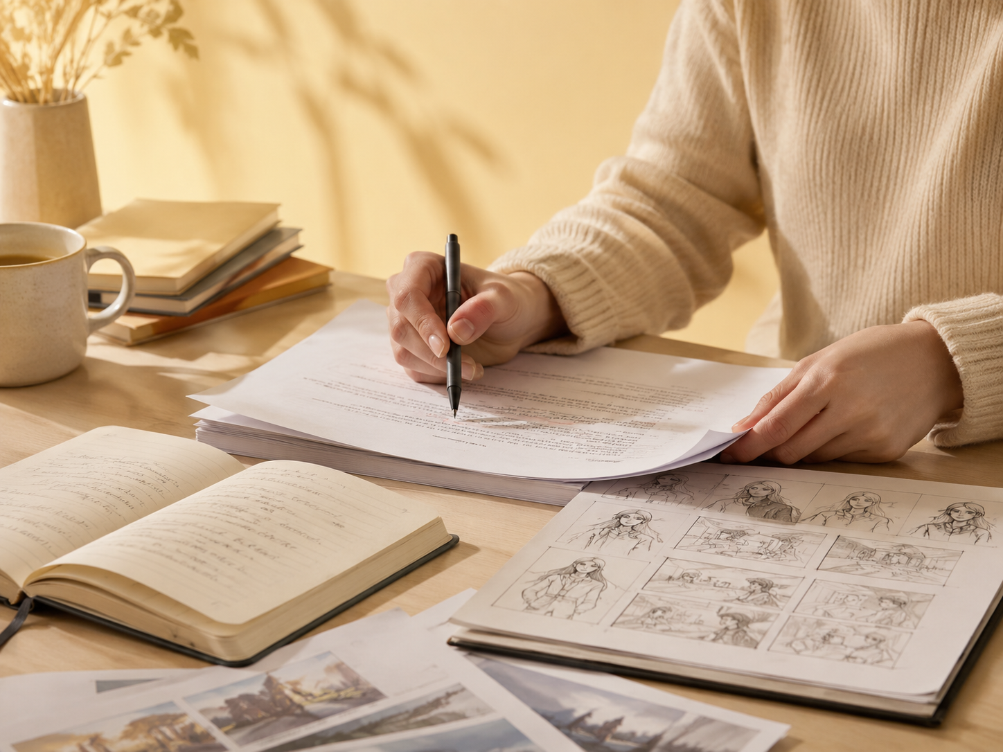 Story and character IP workspace with scripts, storyboard sketches and notes