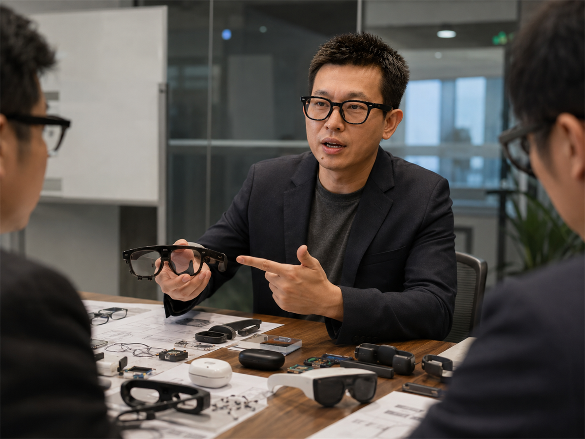 Illustrative AI glasses and Bluetooth audio supplier-review scene