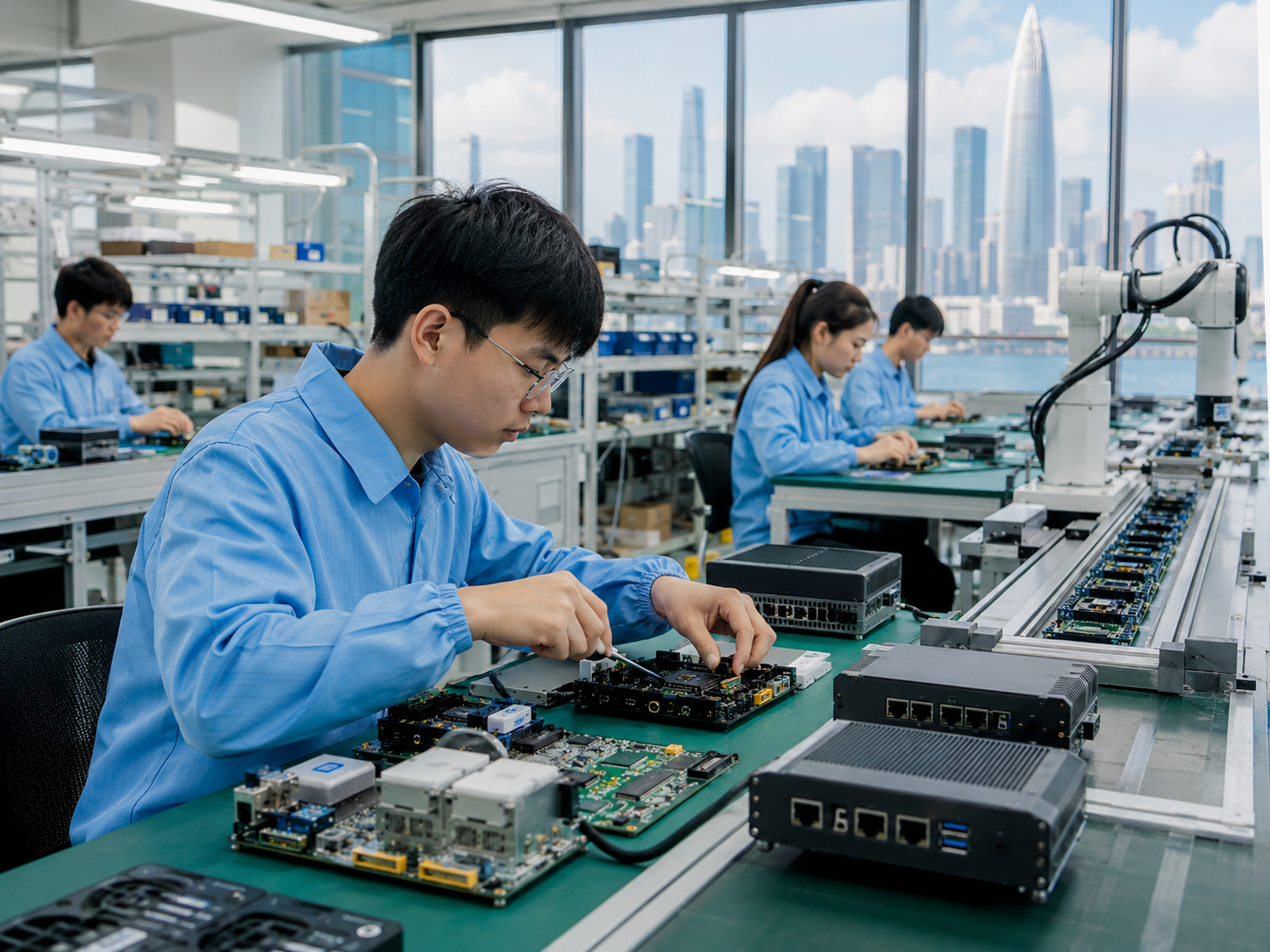 AI vision inspection and electronics hardware production workflow in a Shenzhen-style manufacturing environment